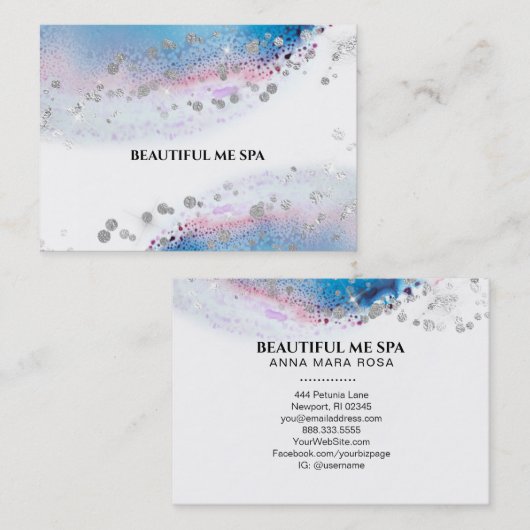 *~* Pastel Blue Waterverf Abstracte zilver glitter Visitekaartje (Voorkant / Achterkant)