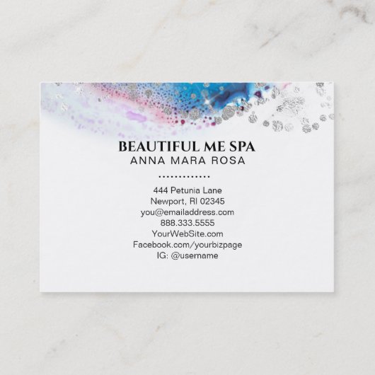 *~* Pastel Blue Waterverf Abstracte zilver glitter Visitekaartje (Achterkant)