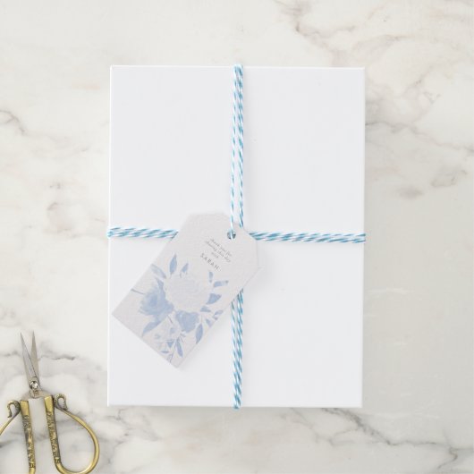 Pastel Blue Waterverf Floral Cadeaulabel (Met Touw)