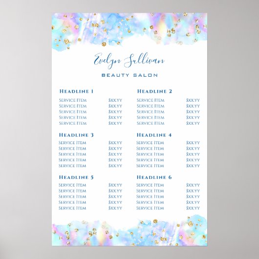 Pastel Blue Waterverf Glitter Price List Poster (Voorkant)