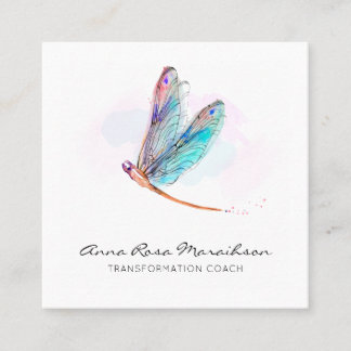 *~* Pastel Blue Waterverf Pink Dragonfly Business Vierkante Visitekaartje