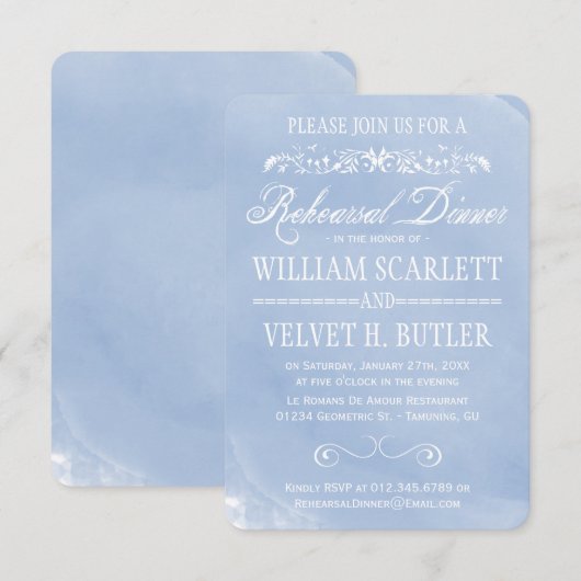 Pastel Blue Waterverf Rehearsal Dinner Invites Kaart (Voorkant / Achterkant)