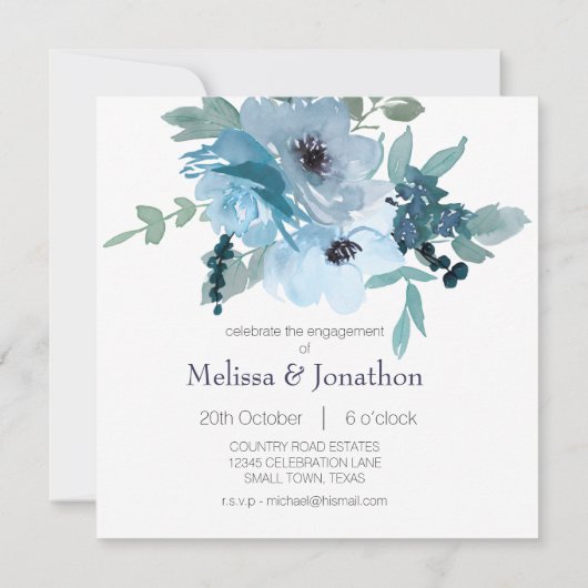 Pastel Blue Waterverf Rozen Elegant Verloving (Achterkant)