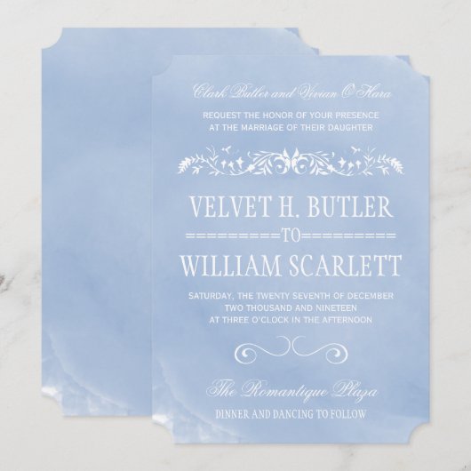 Pastel Blue Waterverf Wedding Invitations Kaart (Voorkant / Achterkant)
