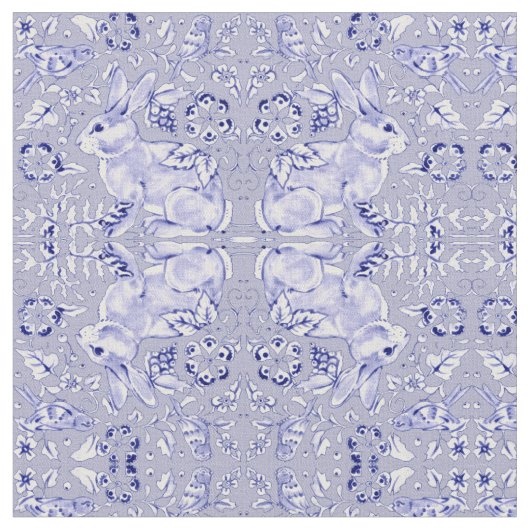 Pastel Blue & White Bunny Rabbit Bird Small Print Stof (Close Up)