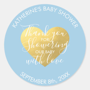 Pastel Blue White Gold Foil Heart Baby shower Ronde Sticker