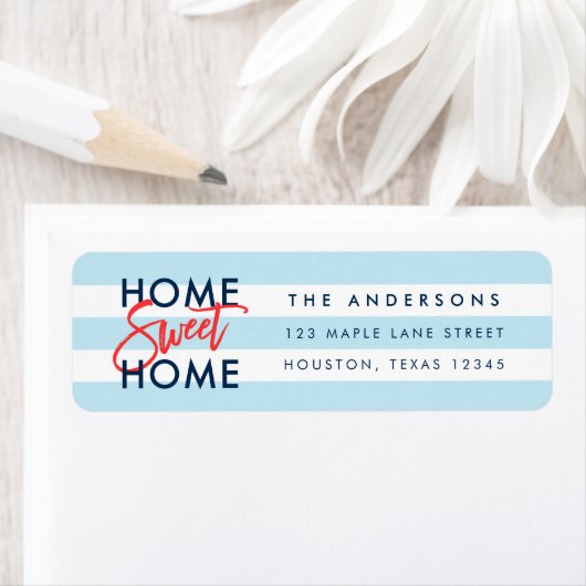 Pastel Blue White Stripes Home Sweet Home Etiket (Insitu)