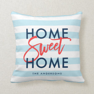 Pastel Blue White Stripes Home Sweet Home Kussen