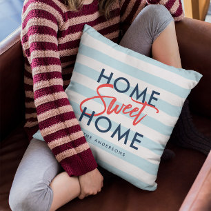 Pastel Blue White Stripes Home Sweet Home Kussen