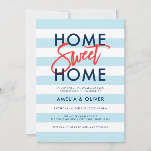 Pastel Blue & White Stripes Housewarming Party Kaart (Voorkant)