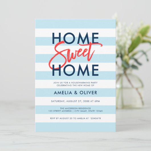 Pastel Blue & White Stripes Housewarming Party Kaart (Staand voorkant)