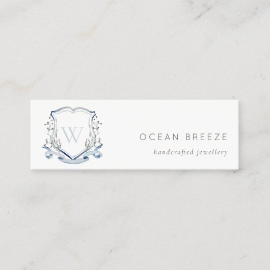 Pastel Blue Wilde Waterverf Crest Monogram Mini Visitekaartje (Voorkant)