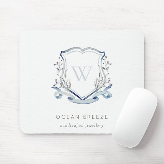 Pastel Blue Wilde Waterverf Crest Monogram Muismat (Met muis)