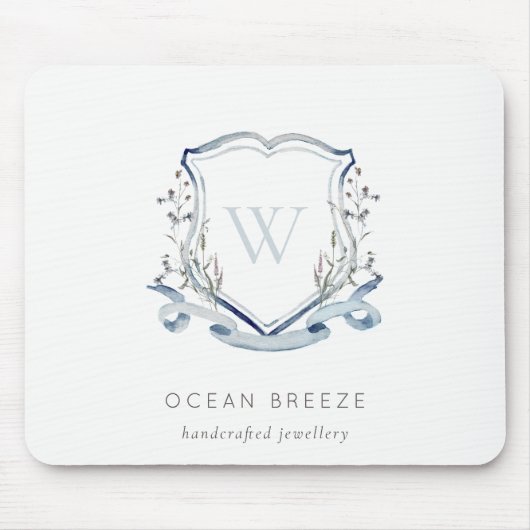 Pastel Blue Wilde Waterverf Crest Monogram Muismat (Voorkant)