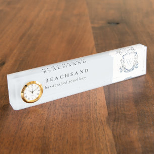 Pastel Blue Wilde Waterverf Crest Monogram Naambordje