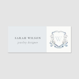 Pastel Blue Wilde Waterverf Crest Monogram Naamplaatje