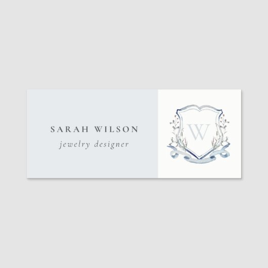Pastel Blue Wilde Waterverf Crest Monogram Naamplaatje (Voorkant)