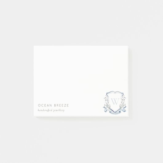 Pastel Blue Wilde Waterverf Crest Monogram Post-it® Notes (Voorkant)