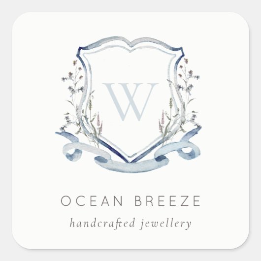 Pastel Blue Wilde Waterverf Crest Monogram Vierkante Sticker (Voorkant)
