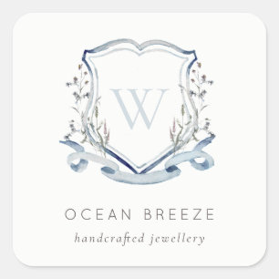 Pastel Blue Wilde Waterverf Crest Monogram Vierkante Sticker