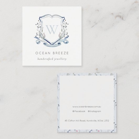 Pastel Blue Wilde Waterverf Crest Monogram Vierkante Visitekaartje (Voorkant / Achterkant)