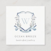 Pastel Blue Wilde Waterverf Crest Monogram Vierkante Visitekaartje (Voorkant)