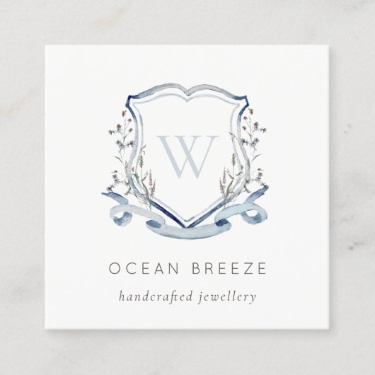 Pastel Blue Wilde Waterverf Crest Monogram Vierkante Visitekaartje (Voorkant)