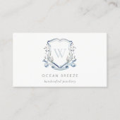 Pastel Blue Wilde Waterverf Crest Monogram Visitekaartje (Voorkant)