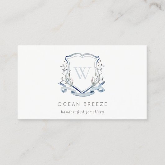 Pastel Blue Wilde Waterverf Crest Monogram Visitekaartje (Voorkant)