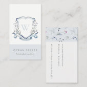 Pastel Blue Wilde Waterverf Crest Monogram Visitekaartje (Voorkant / Achterkant)