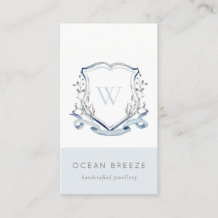 Pastel Blue Wilde Waterverf Crest Monogram Visitekaartje