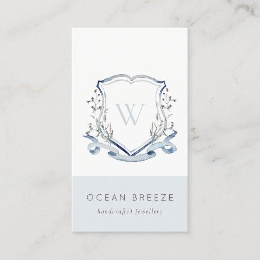 Pastel Blue Wilde Waterverf Crest Monogram Visitekaartje (Voorkant)
