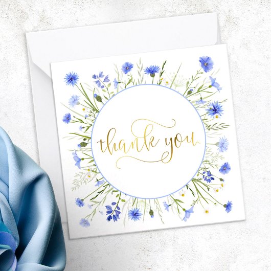 Pastel Blue Wildflower Gold Script Bedankt Notitiekaartje