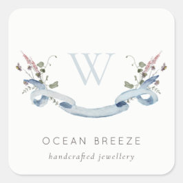 Pastel Blue Willem Waterverf Ribbon Monogram Vierkante Sticker