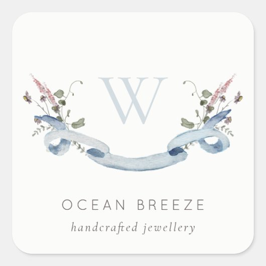 Pastel Blue Willem Waterverf Ribbon Monogram Vierkante Sticker (Voorkant)