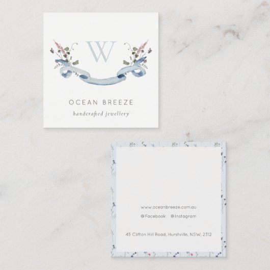 Pastel Blue Willem Waterverf Ribbon Monogram Vierkante Visitekaartje (Voorkant / Achterkant)