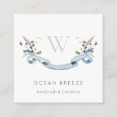 Pastel Blue Willem Waterverf Ribbon Monogram Vierkante Visitekaartje (Voorkant)