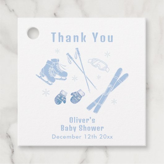 Pastel Blue Winter Après Bébé Ski Boy Baby Shower  Bedankjes Labels (Voorkant)