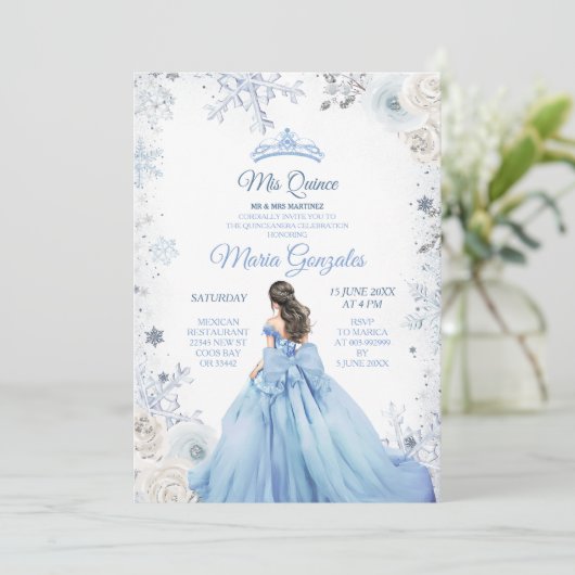 Pastel Blue Winter Snow Floral Princess Mis Quince Kaart (Staand voorkant)