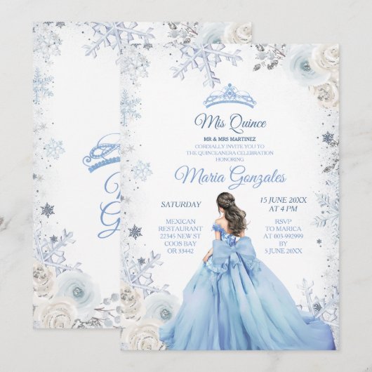 Pastel Blue Winter Snow Floral Princess Mis Quince Kaart (Voorkant / Achterkant)