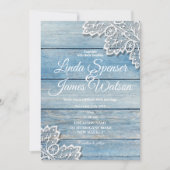 Pastel Blue Wood en White Lace Wedding Kaart (Voorkant)
