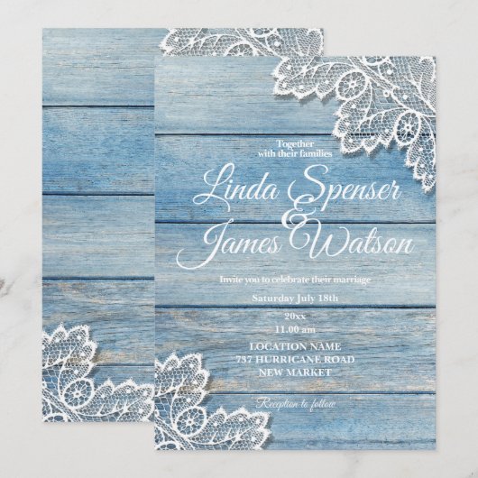 Pastel Blue Wood en White Lace Wedding Kaart (Voorkant / Achterkant)