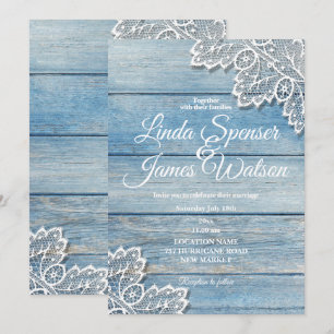 Pastel Blue Wood en White Lace Wedding Kaart