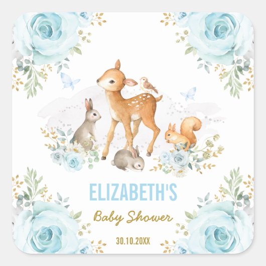 Pastel Blue Woodland Animals Baby shower Favors Vierkante Sticker (Voorkant)