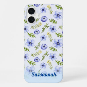 Pastel Blue Yellow Floral Greeneral Pattern Custom iPhone 16 Plus Hoesje
