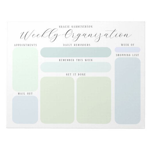 Pastel Blues en Greens Custom Weekly Organisatie Notitieblok (Voorkant)