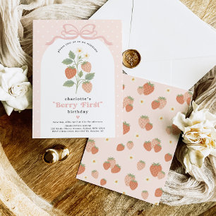 Pastel Blush Bes Berry Eerste Verjaardag Aardbei Kaart