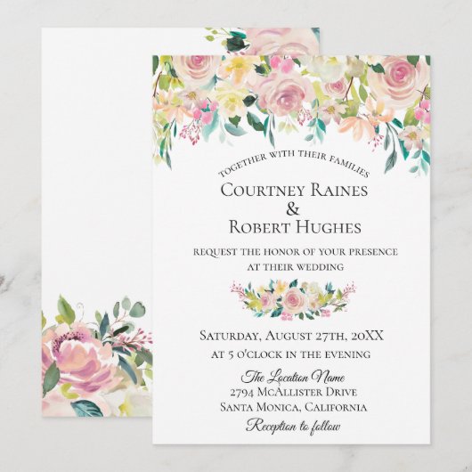 Pastel Blush Bloemen Bruiloft Uitnodiging (Voorkant / Achterkant)