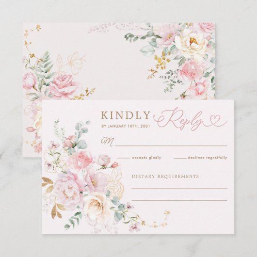 Pastel Blush Bloemen Groen Huwelijk RSVP Kaart (Voorkant / Achterkant)