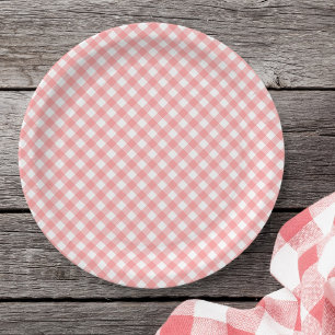 Pastel Blush Coral Gingham Papieren Bordje